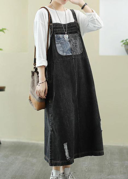Unique Slash Neck Hole Long Dress Sewing Denim Black Dress