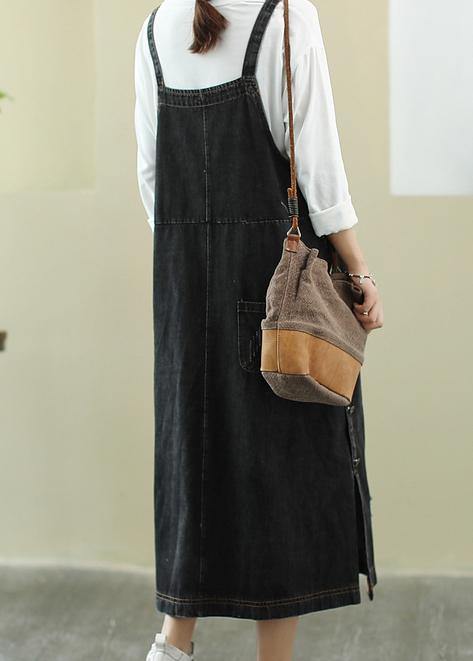 Unique Slash Neck Hole Long Dress Sewing Denim Black Dress