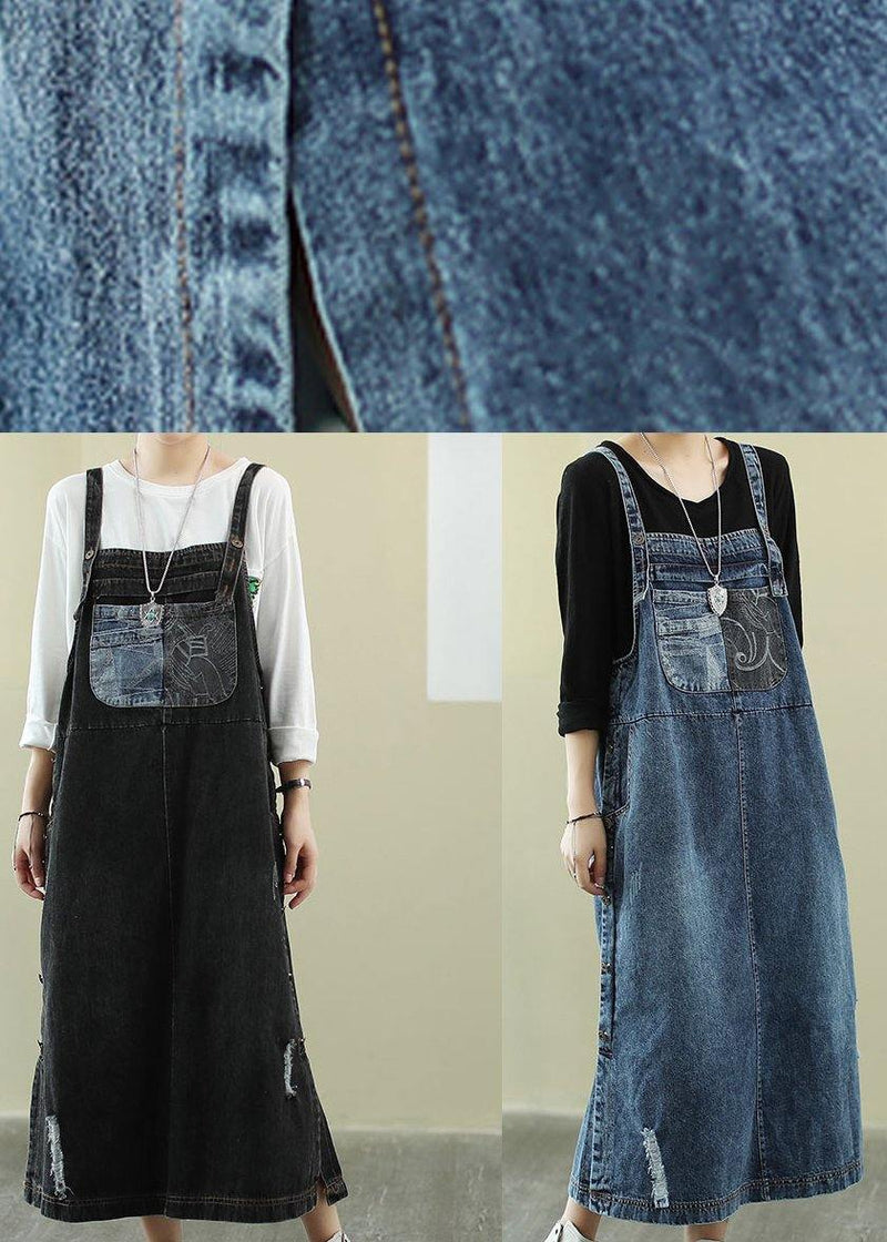 Unique Slash Neck Hole Long Dress Sewing Denim Black Dress