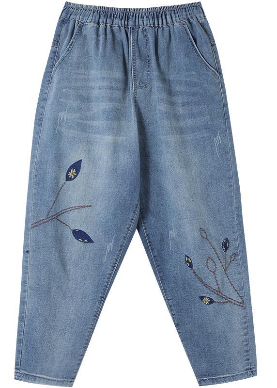 Unique Spring Trousers Denim Blue Wardrobes Elastic Waist Leaf Pant