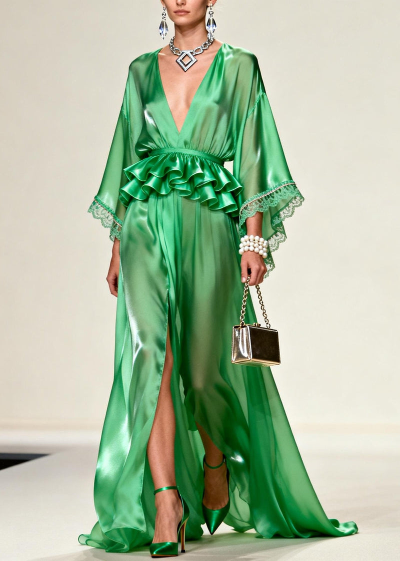 Unique Tea Green Ruffled Side Open Chiffon Party Dress Summer