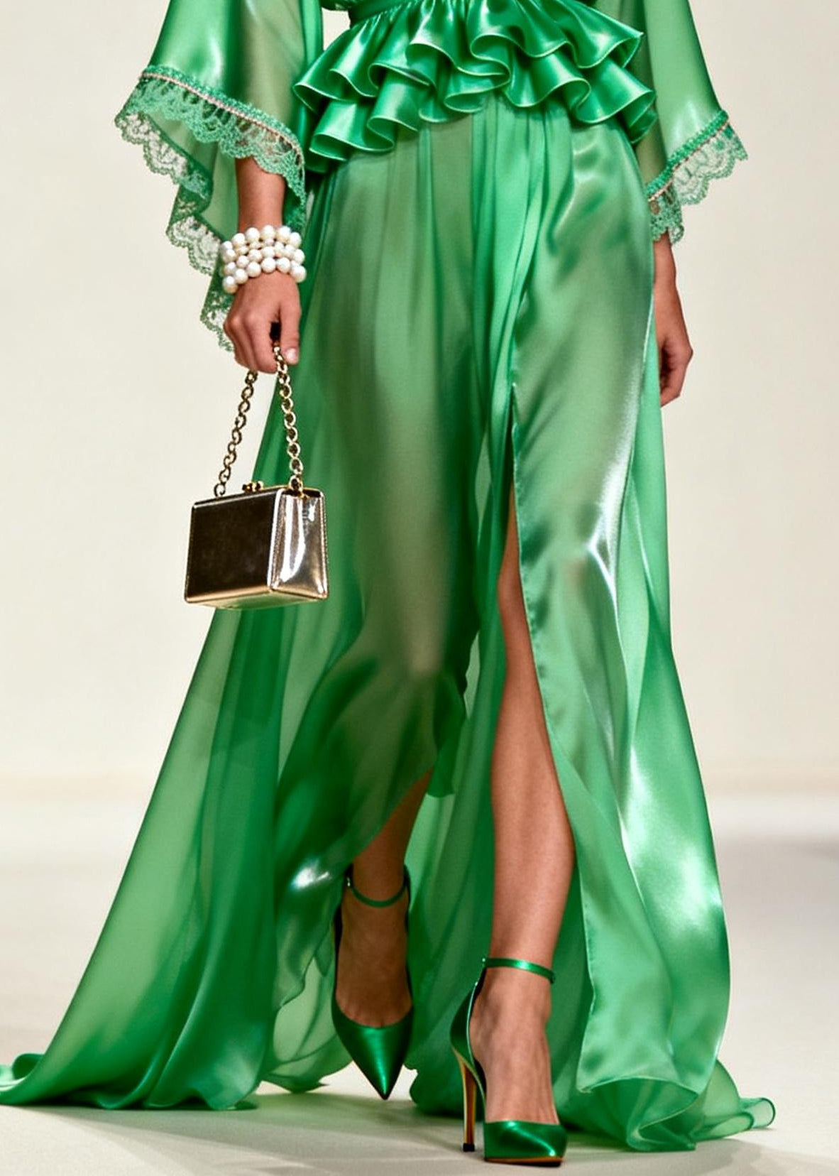 Unique Tea Green Ruffled Side Open Chiffon Party Dress Summer