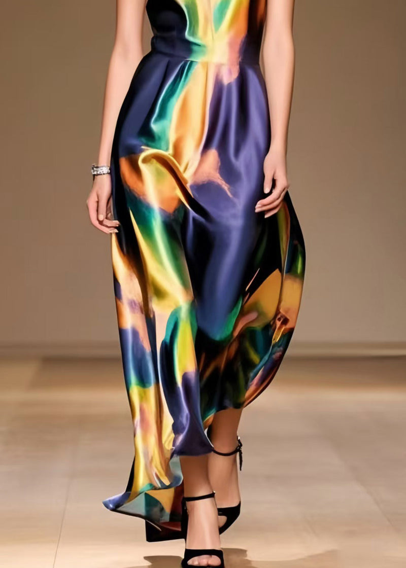 Unique Tie Dye Draping Silk Spaghetti Strap Dress Summer
