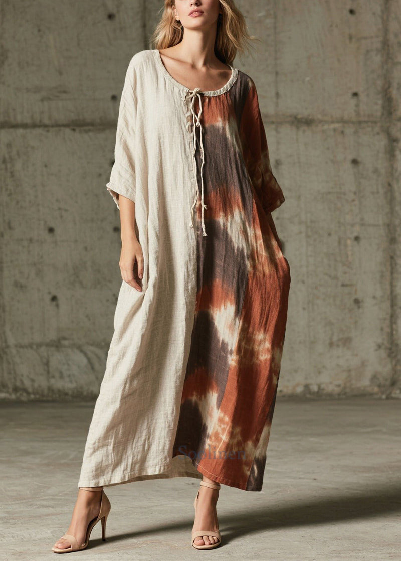 Unique Tie Dye Patchwork Cotton Maxi Dress Bracelet Sleeve