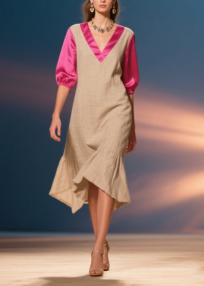 Unique V Neck Wrinkled Silk Patchwork Cotton Dress Summer