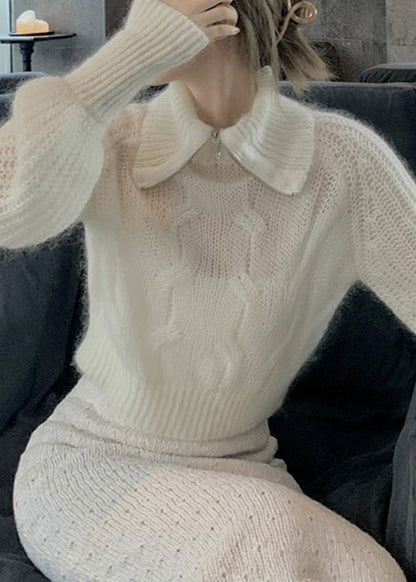 Unique White Zippered Hole Cotton Knit Top Fall