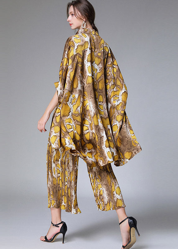 Unique Yellow Print Batwing Sleeve Asymmetrical Design Top Wide Leg Two Pieces Set