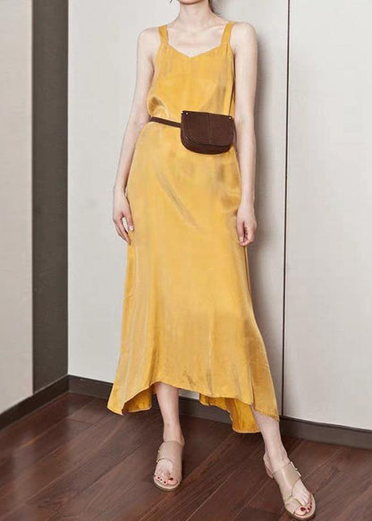 Luxy Silk Dress Yellow Spaghetti Strap Maxi Dress Sundresses