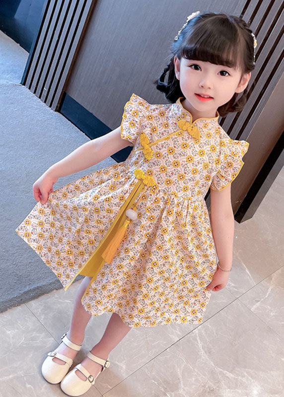 Unique Yellow Tasseled Print Patchwork Cotton Baby Dresses Summer