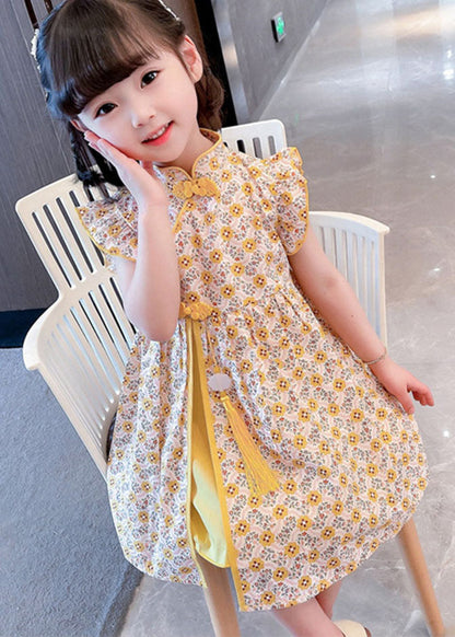 Unique Yellow Tasseled Print Patchwork Cotton Baby Dresses Summer