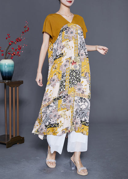 Unique Yellow V Neck Patchwork Print Chiffon a Line Dress Summer