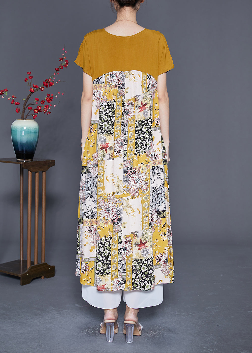 Unique Yellow V Neck Patchwork Print Chiffon a Line Dress Summer