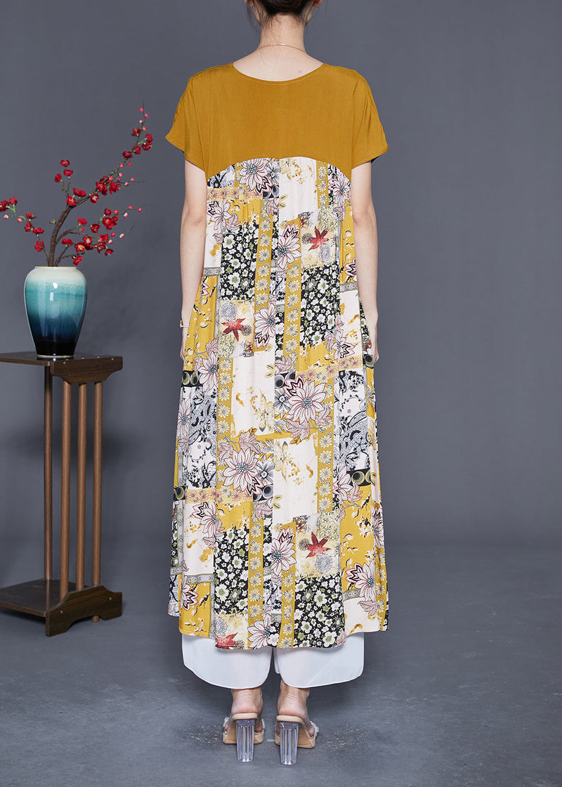 Unique Yellow V Neck Patchwork Print Chiffon a Line Dress Summer