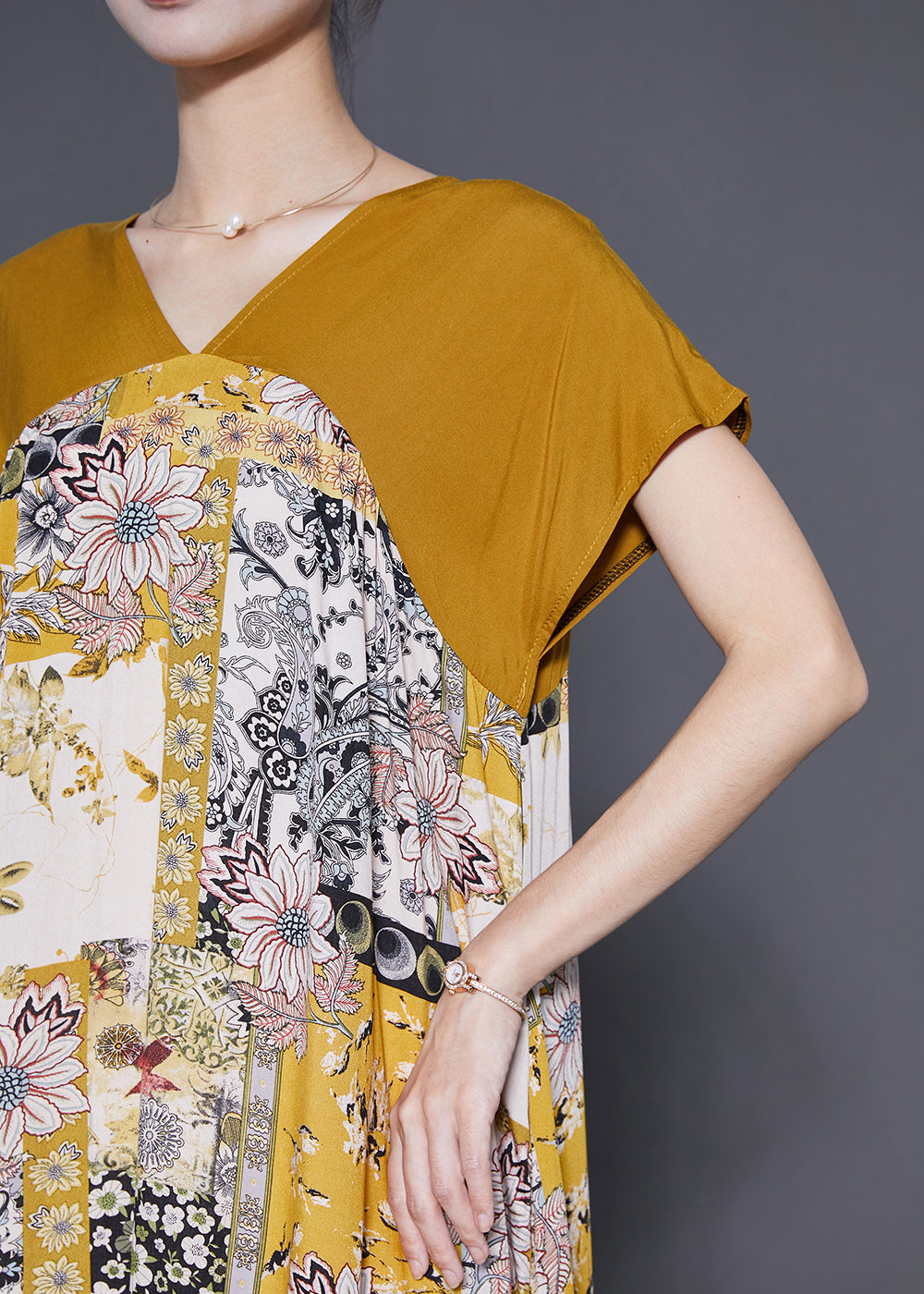Unique Yellow V Neck Patchwork Print Chiffon a Line Dress Summer