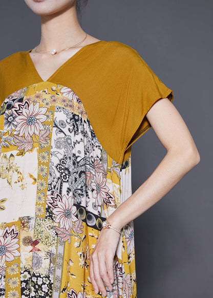 Unique Yellow V Neck Patchwork Print Chiffon a Line Dress Summer