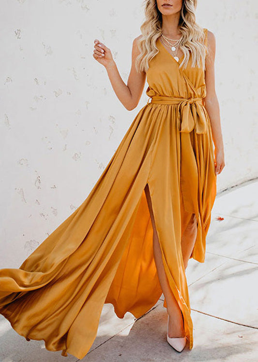 Unique Yellow V Neck Side Open Lace Up Silk Dress Summer