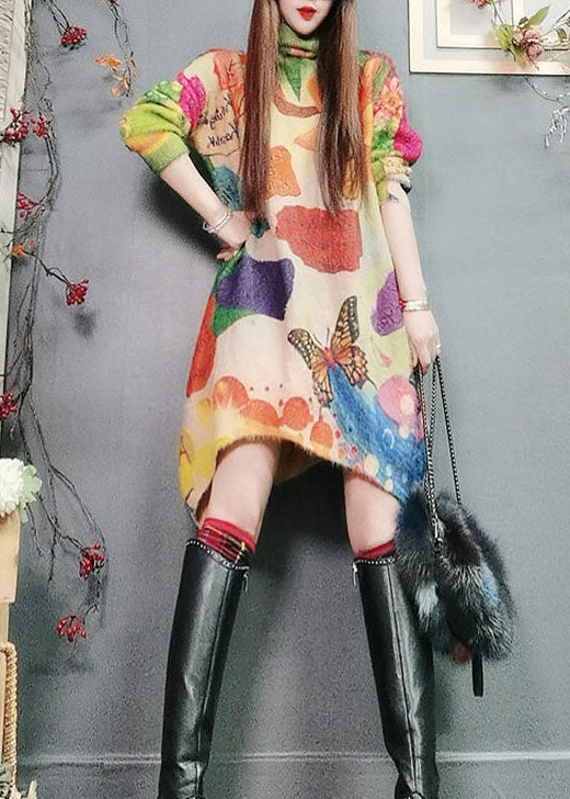 Unique Asymmetrical Design Print Knit Dress Sweater Winter