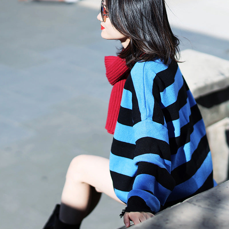 Unique Cotton Tunic Pattern Fine V Neck Catwalk Blue Striped Box Knit Tops Spring