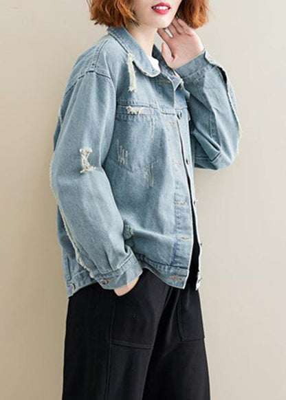 Unique Denim Blue Cotton Box Top Lapel Collar Ripped Dresses Fall Coat
