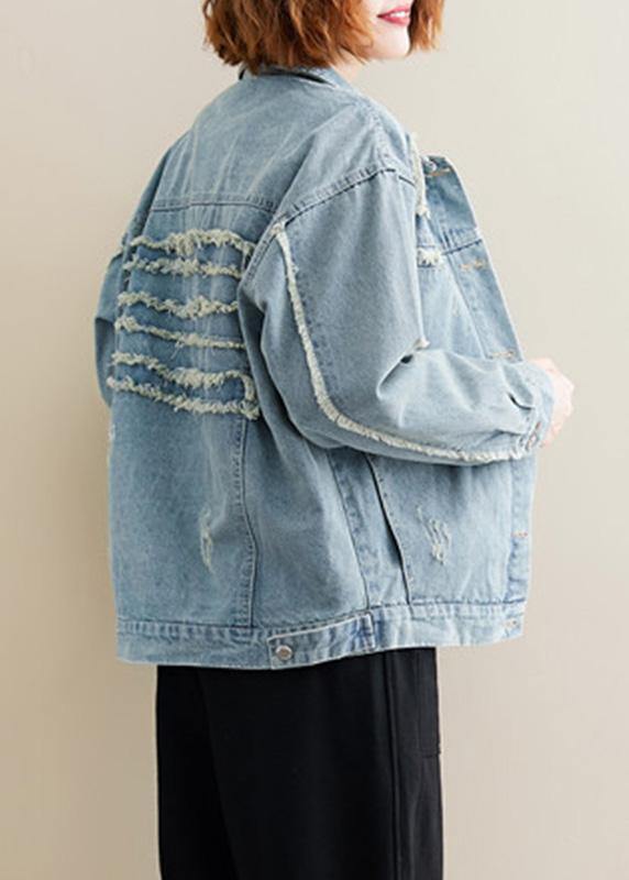 Unique Denim Blue Cotton Box Top Lapel Collar Ripped Dresses Fall Coat