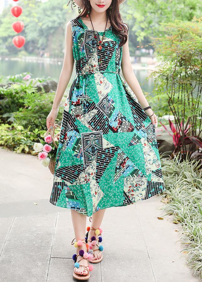 Unique Sleeveless Tie Waist Cotton Quilting Clothes Ideas Green Print Long Dresses Summer