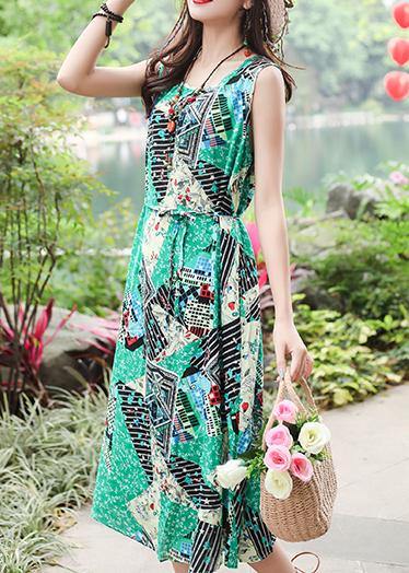 Unique Sleeveless Tie Waist Cotton Quilting Clothes Ideas Green Print Long Dresses Summer