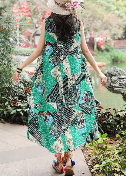 Unique Sleeveless Tie Waist Cotton Quilting Clothes Ideas Green Print Long Dresses Summer