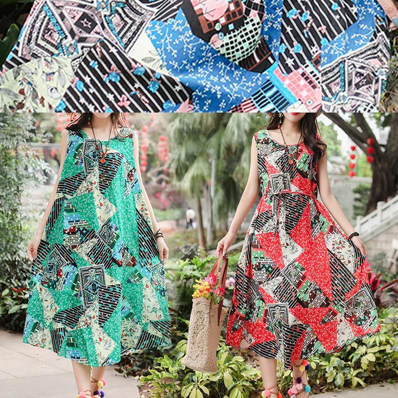 Unique Sleeveless Tie Waist Cotton Quilting Clothes Ideas Green Print Long Dresses Summer