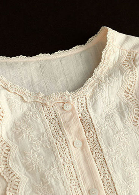 Apricot Hollow Out Embroideried Patchwork Cotton Blouses Summer