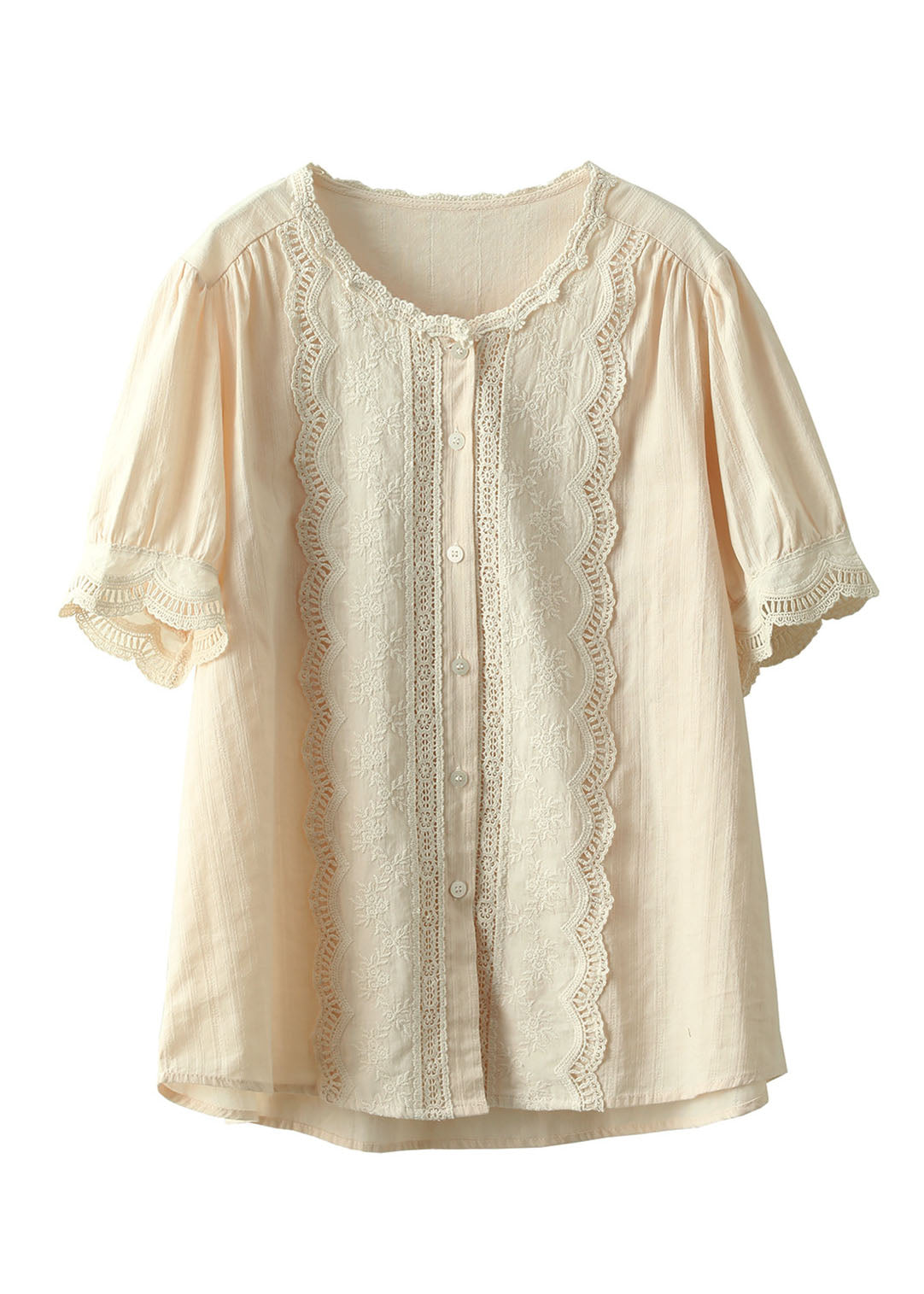 Apricot Hollow Out Embroideried Patchwork Cotton Blouses Summer