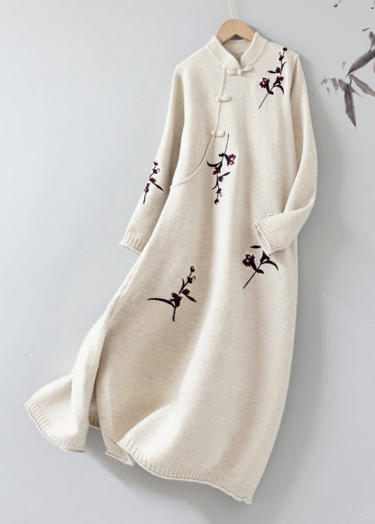 Apricot Stand Collar Embroidered Patchwork Woolen Knit Dress Fall