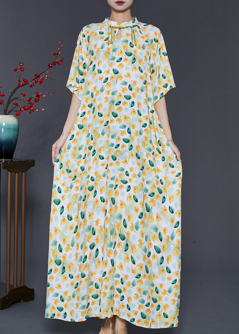 Apricot Tasseled Print Cotton Dress Summer