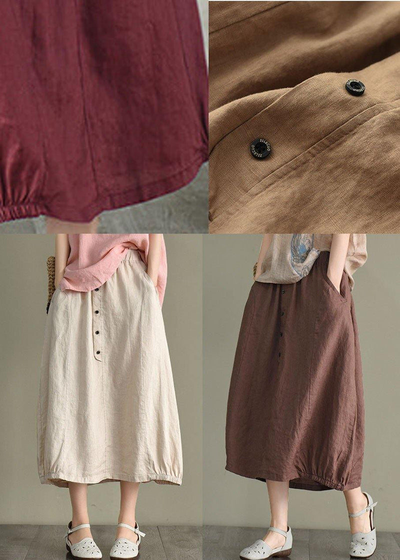 Beige Button a Line Summer Loose Skirts Linen