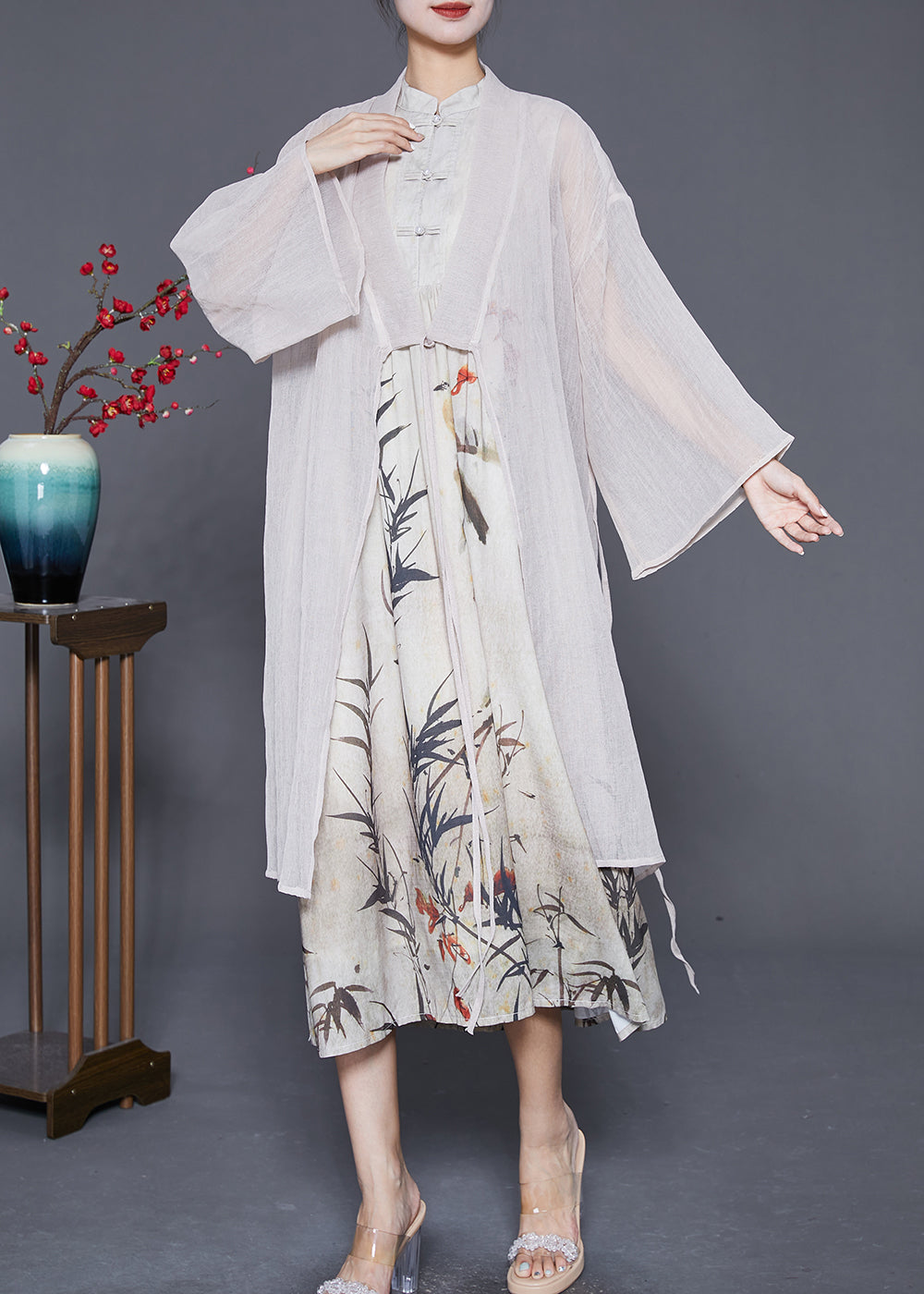 Beige Chinese Button Print Two Pieces Set Summer
