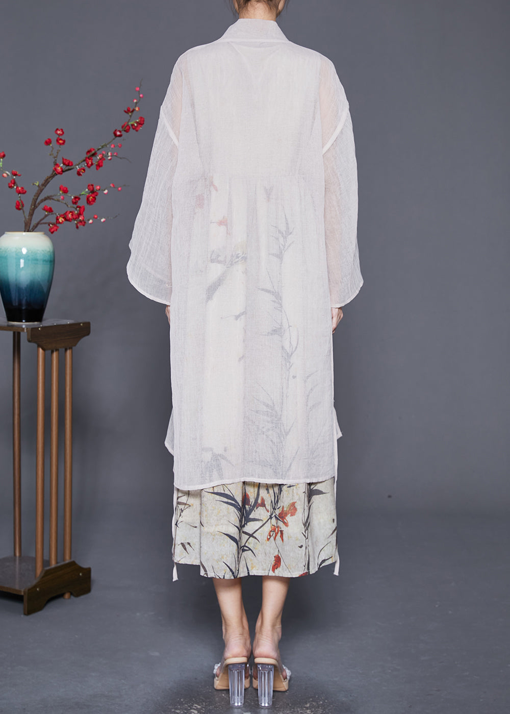 Beige Chinese Button Print Two Pieces Set Summer