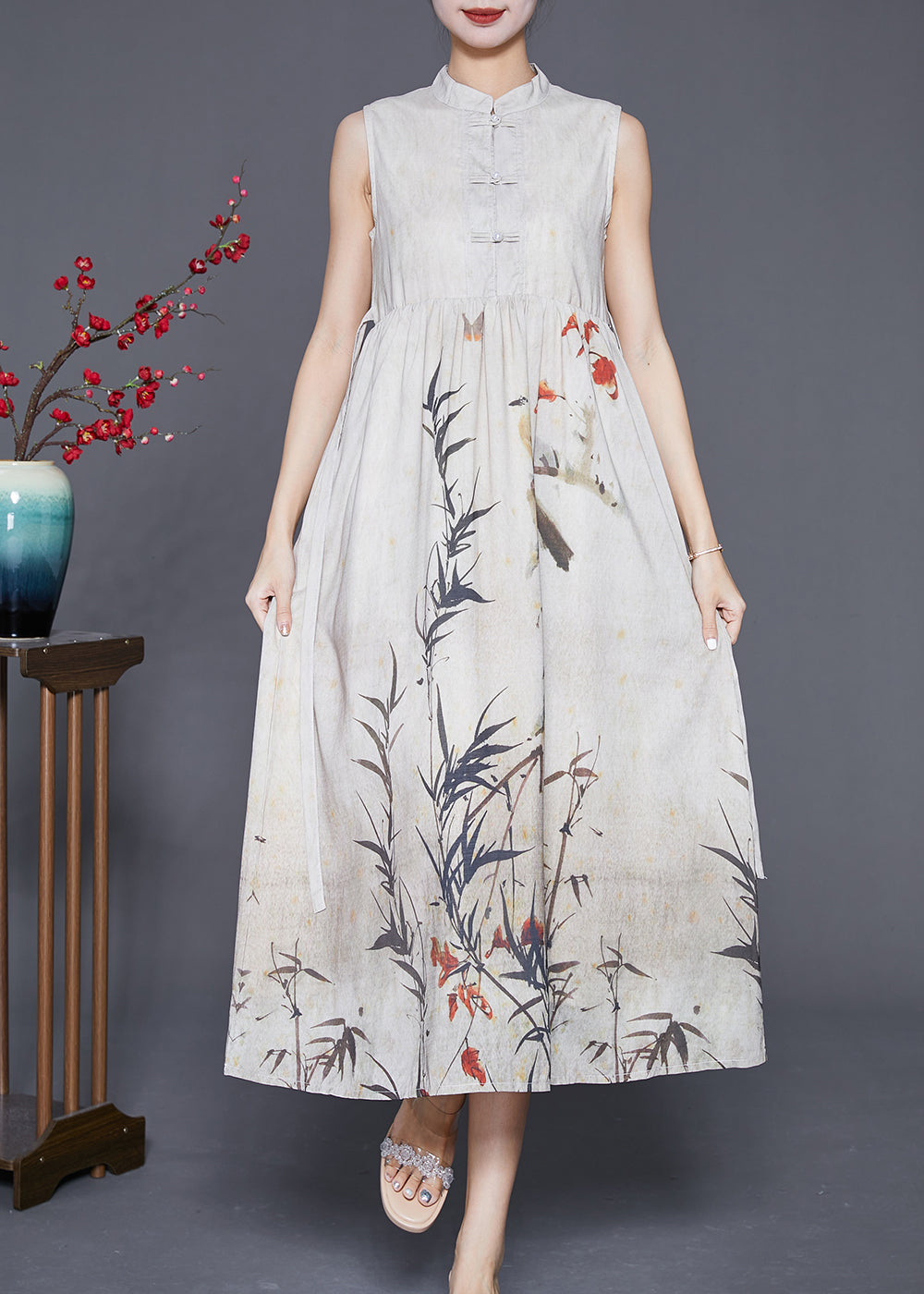 Beige Chinese Button Print Two Pieces Set Summer