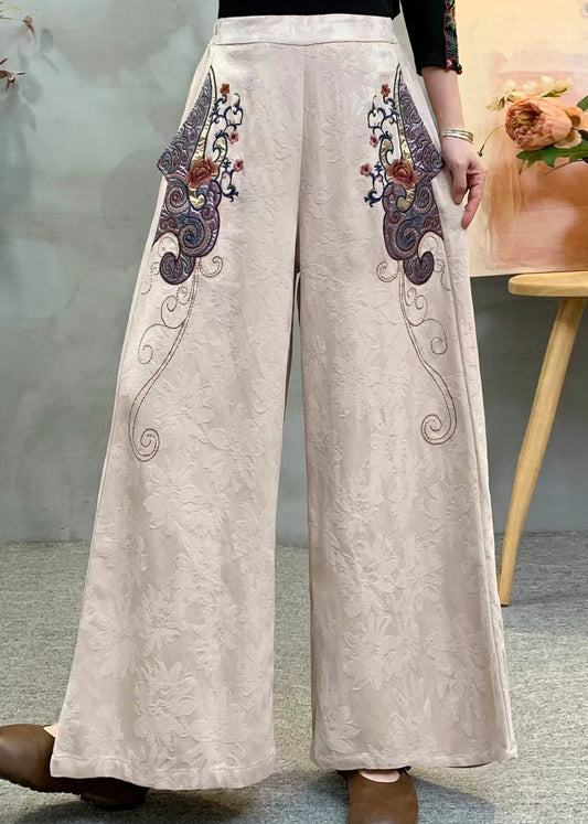 Beige Embroidered Jacquard Draping Cotton Pants Spring