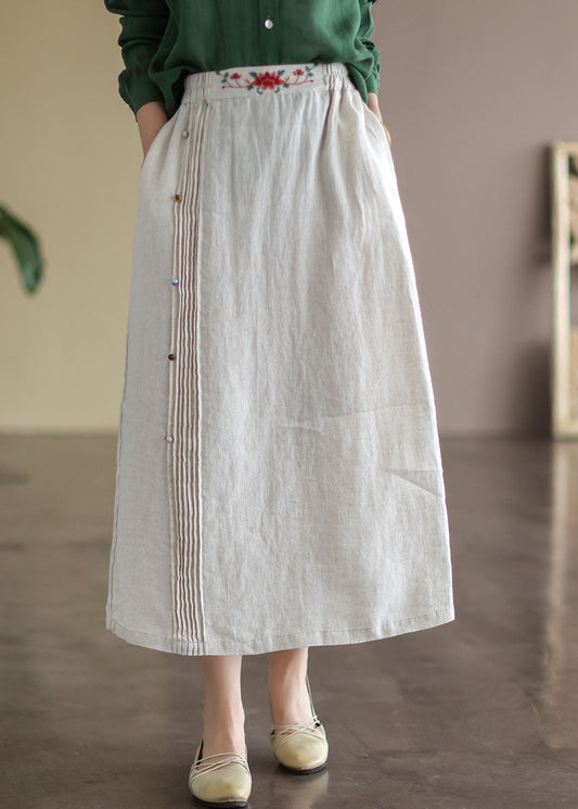 Beige Embroideried Pockets Patchwork Cotton Skirts Summer