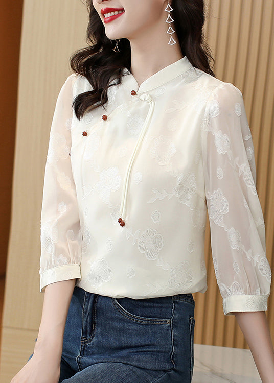Beige Mandarin Collar Tassel Jacquard Silk Blouses Half Sleeve