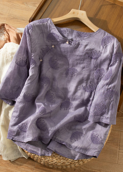 Brown O-neck Embroidered Linen Shirt Top Summer
