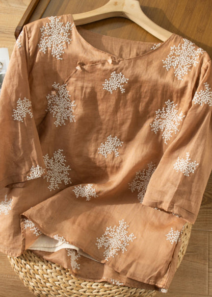 Brown O-neck Embroidered Linen Shirt Top Summer