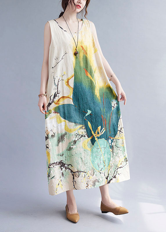 Beige Print O-neck Linen Vacation Dresses Summer