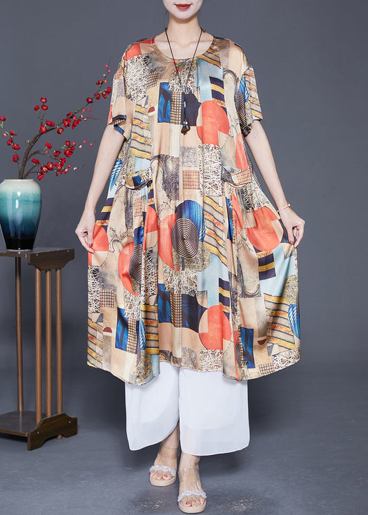 Beige Print Pockets Silk Holiday Dress Summer