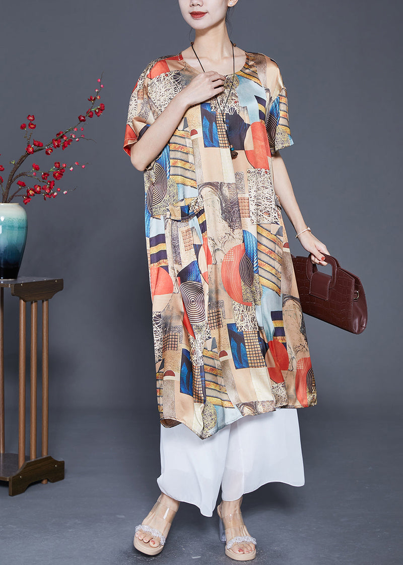 Beige Print Pockets Silk Holiday Dress Summer