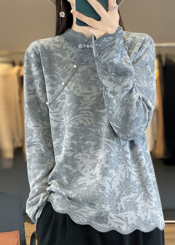 Beige Stand Collar Jacquard Woolen Sweater Spring