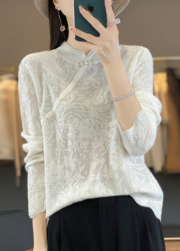 Beige Stand Collar Jacquard Woolen Sweater Spring