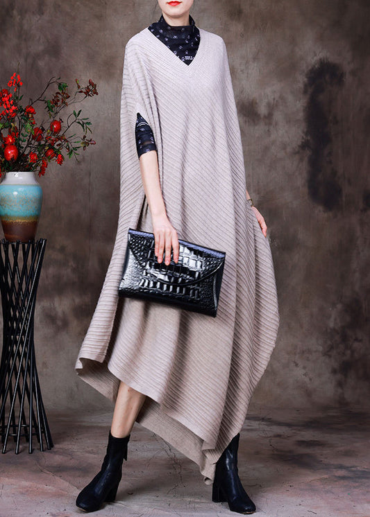 Beige V Neck Asymmetrical Woolen Knit Long Sweater Fall