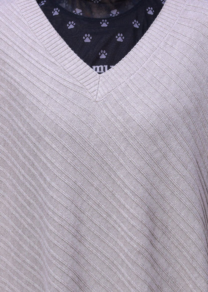 Beige V Neck Asymmetrical Woolen Knit Long Sweater Fall