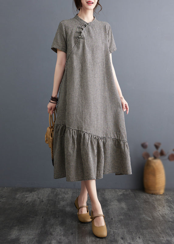 Big Plaid Stand Collar Patchwork Cotton Dress Summer