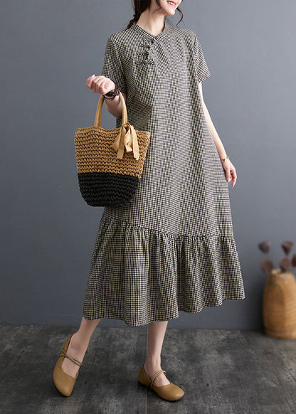 Big Plaid Stand Collar Patchwork Cotton Dress Summer